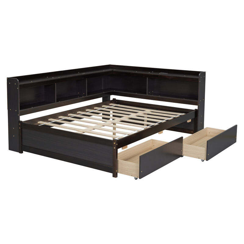 Whisen Full Size L-shaped Bookcases Bed with Power Outlets, USB Charging Ports,Two Drawers image number 6
