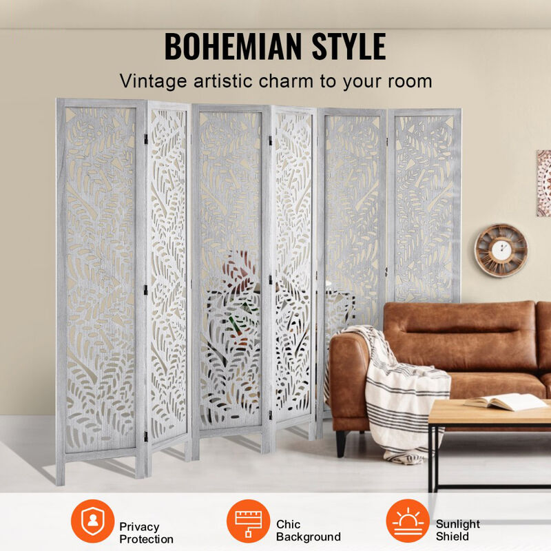 6-Panel Wood Room Divider, Folding Carved Privacy Screen for Home & Office image number 3