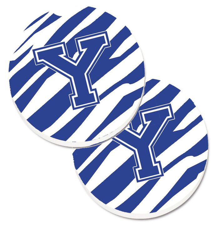 Caroline's Treasures Monogram Initial Y Tiger Stripe Blue & White Set of 2 Cup Holder Car Coasters CJ1034-YCARC, 2.56, Multicolor