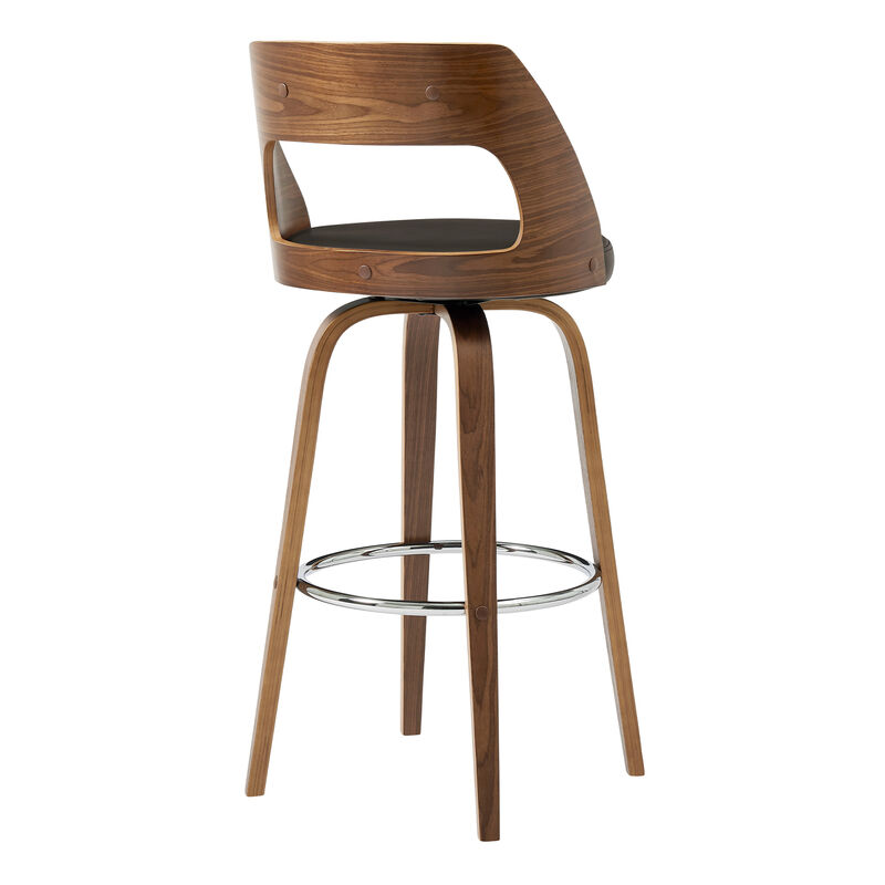 Axel Swivel Bar Stool in Brown Faux Leather and Walnut Wood