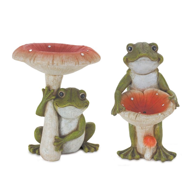 Set of 2 Resin Frogs with Mushrooms &ndash; Fun and Decorative Garden Statues for Yard and Lawn