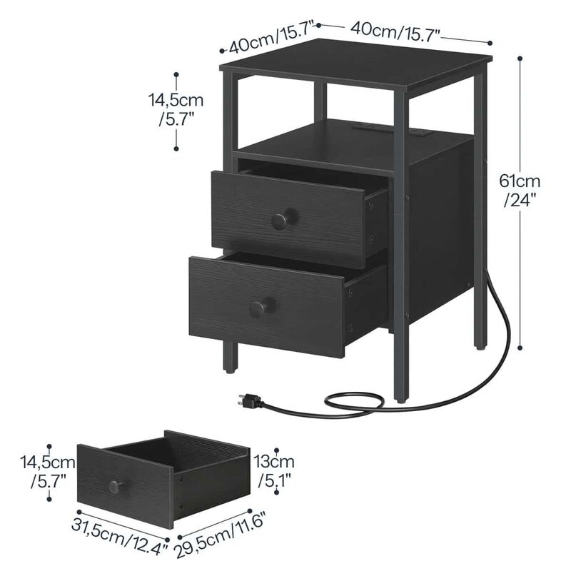 Bedroom Nightstand Set of 2 with Charging Outlets and Storage Drawers- Black image number 2