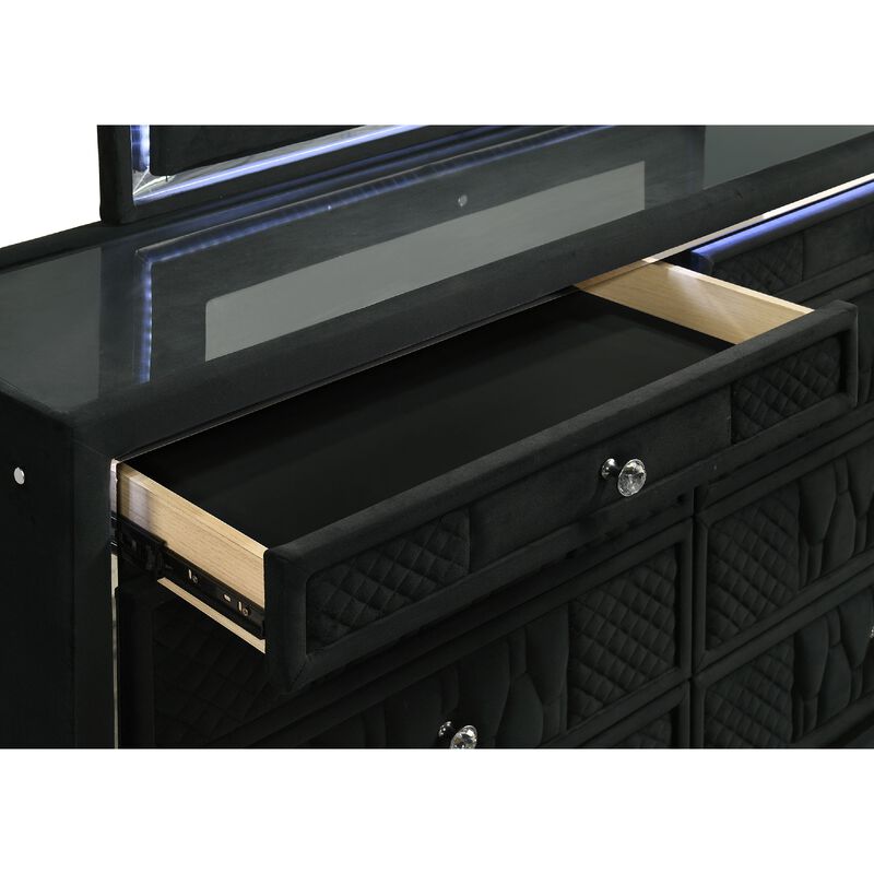 Maren Wide Dresser, 8 Drawers and LED Light, Black Tufted Velvet, Glass Top image number 6