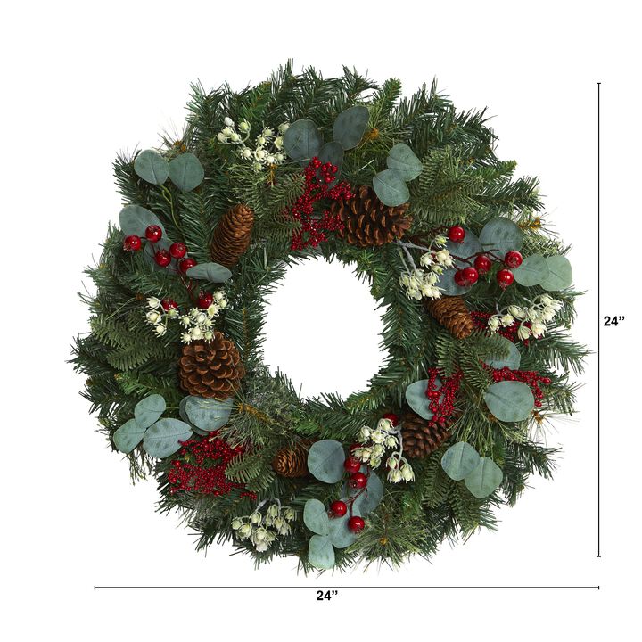 Hivvago 24" Eucalyptus and Pine Artificial Wreath with Berries and Pine Cones
