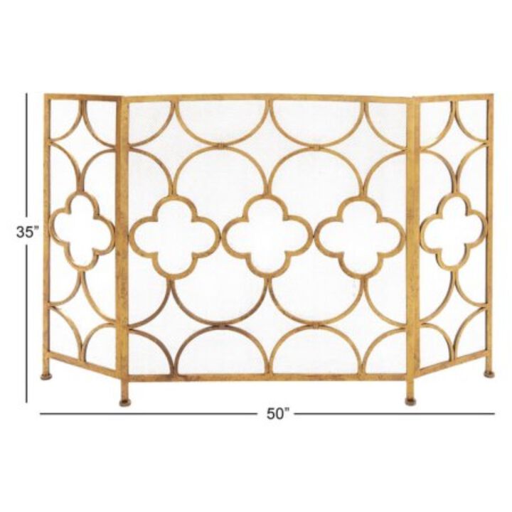 50 Inch 3 Panel Metal Fireplace Screen, Quatrefoil Design, Gold-Benzara