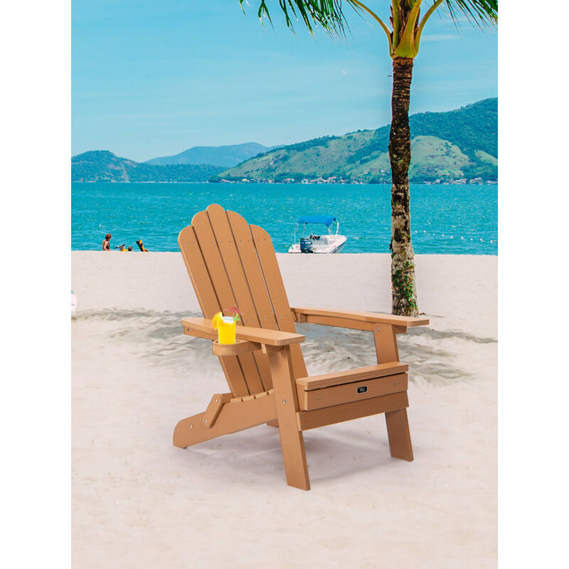 TALE Folding Adirondack Chair with Pullout Ottoman with Cup Holder, Oversized, Poly Lumber, for Patio Deck Garden, Backyard Furniture, Easy to Install, BROWN. Banned from selling on Amazon