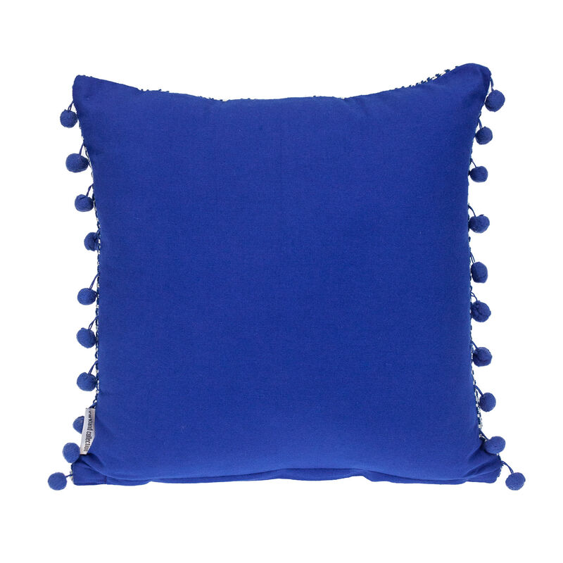 HomeRoots 18" Blue and White Weave Cotton Throw Pillow With Pom Poms image number 2