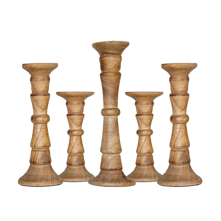Traditional Wallnut Eco-friendly Handmade Mango Wood Set Of Five 12",9",6",9" & 12" Pillar Candle Holder BBH