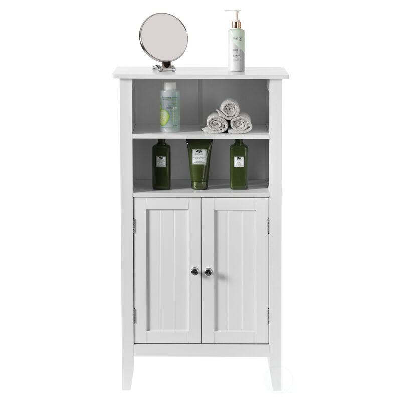 White Bathroom Storage Cabinet with 2 Doors and 2 Open Shelves for Bedroom, Bathroom, and Vanity