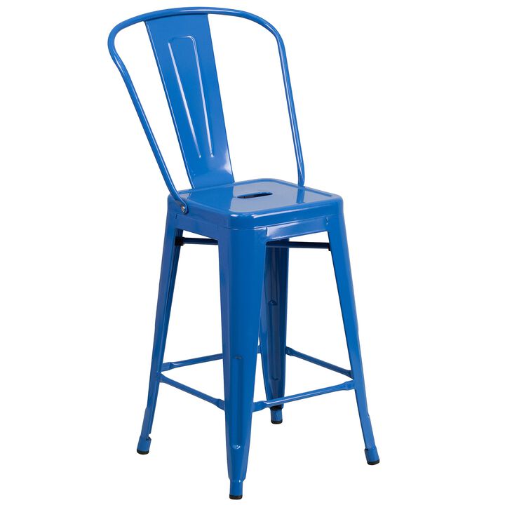 Flash Furniture Commercial Grade 24" High Blue Metal Indoor-Outdoor Counter Height Stool with Removable Back