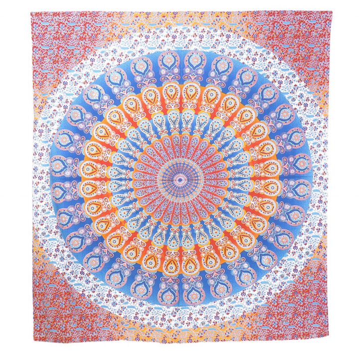 HomeRoots 92" X 84" Orange Blue And Yellow Mandala Cotton Hanging Tapestry