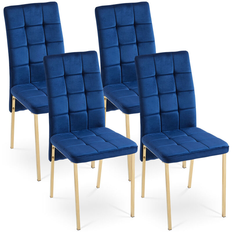 Dark Blue Velvet High Back Nordic Dining Chair Modern Fabric Chair with Golden Color Legs, Set Of 4