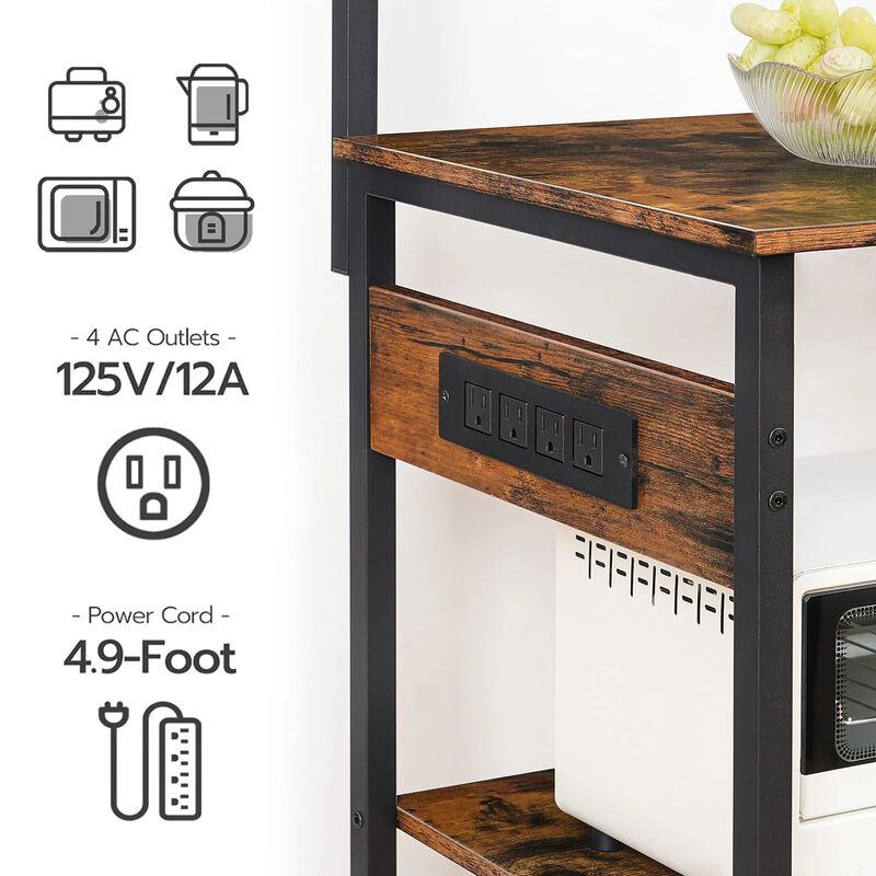Kitchen Bakers Rack with 6 Tiers and Built-In Power Outlets for Appliances-Brown image number 6