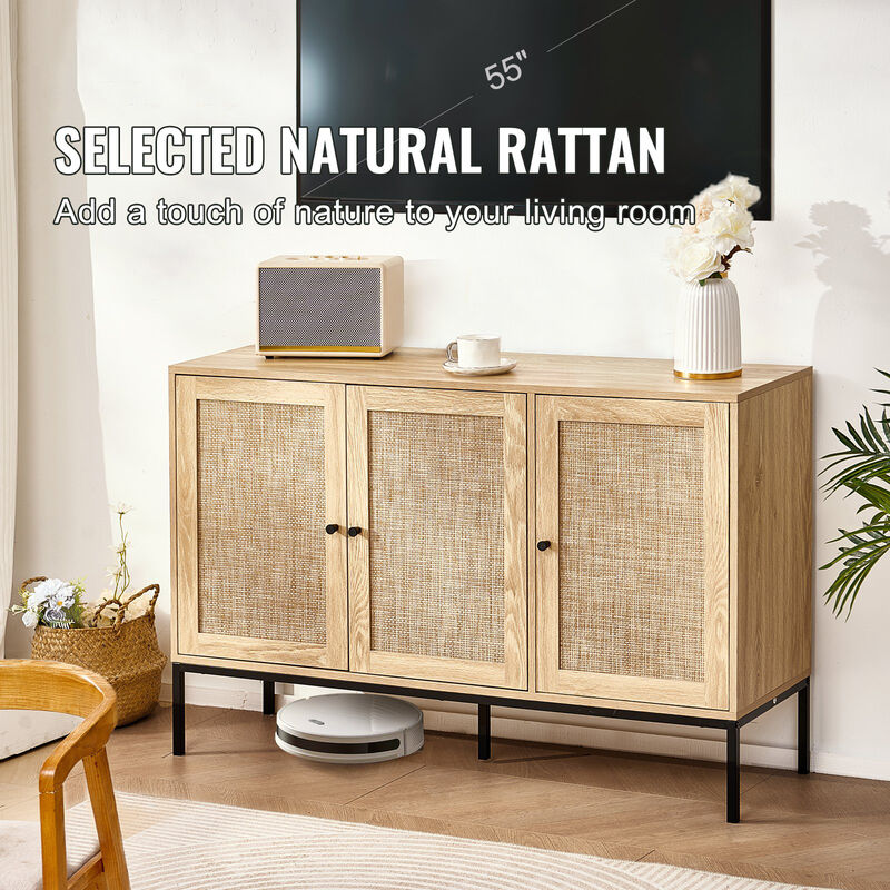 Rattan Sideboard Cabinet with 4 Doors Adjustable Shelves for Hallway Living Room