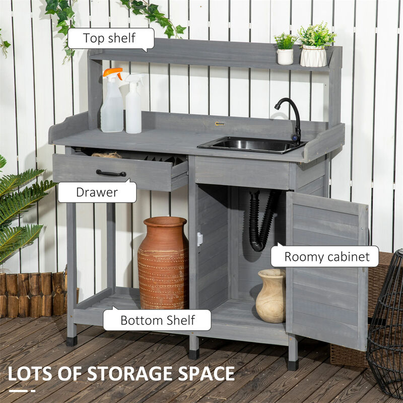 Premium Outdoor Potting Bench &ndash; Sink, Faucet, Hooks & Cabinet for Garden Use image number 5
