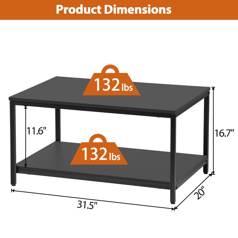 SUPER DEAL 2-Tier Industrial Coffee Table with Storage Shelf for Small Apartment Living Room, Rectangle Wood and Stable Metal TV