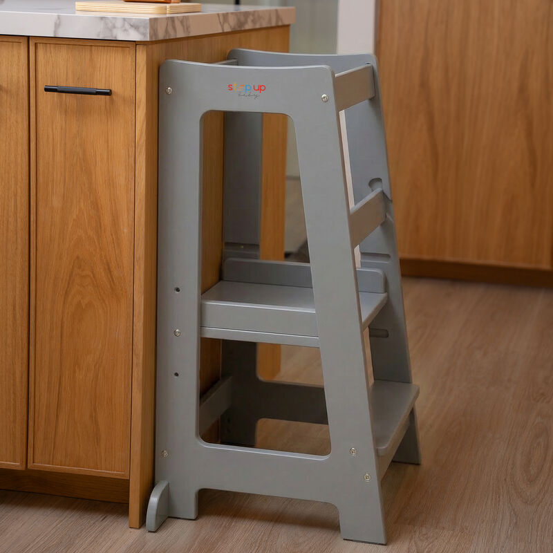 Stepup Baby&reg; Adjustable Toddler Tower - Gray Wooden Step Stool for Kids | Toddler Standing Tower with Child-safe Chopper & Chopping Board for 18M-4Y image number 7