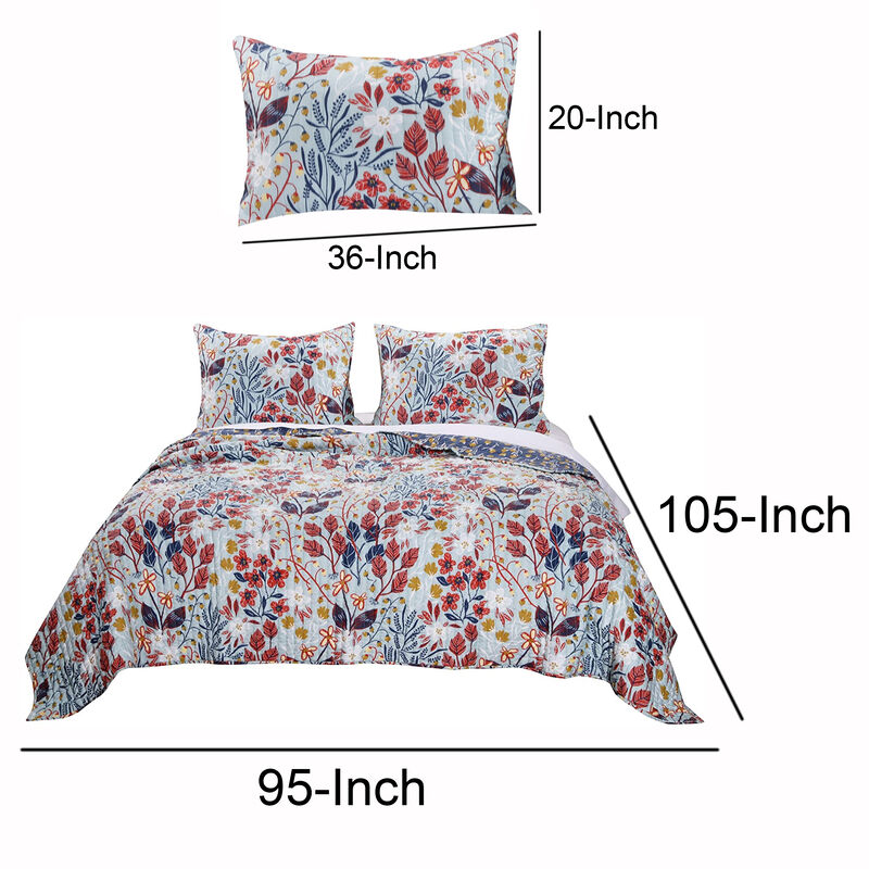 King Size 3 Piece Polyester Quilt Set with Floral Prints, Multicolor - Benzara