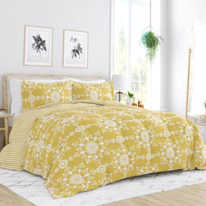 Hivvago Full/Queen size 3-Piece Yellow White Reversible Floral Striped Comforter Set