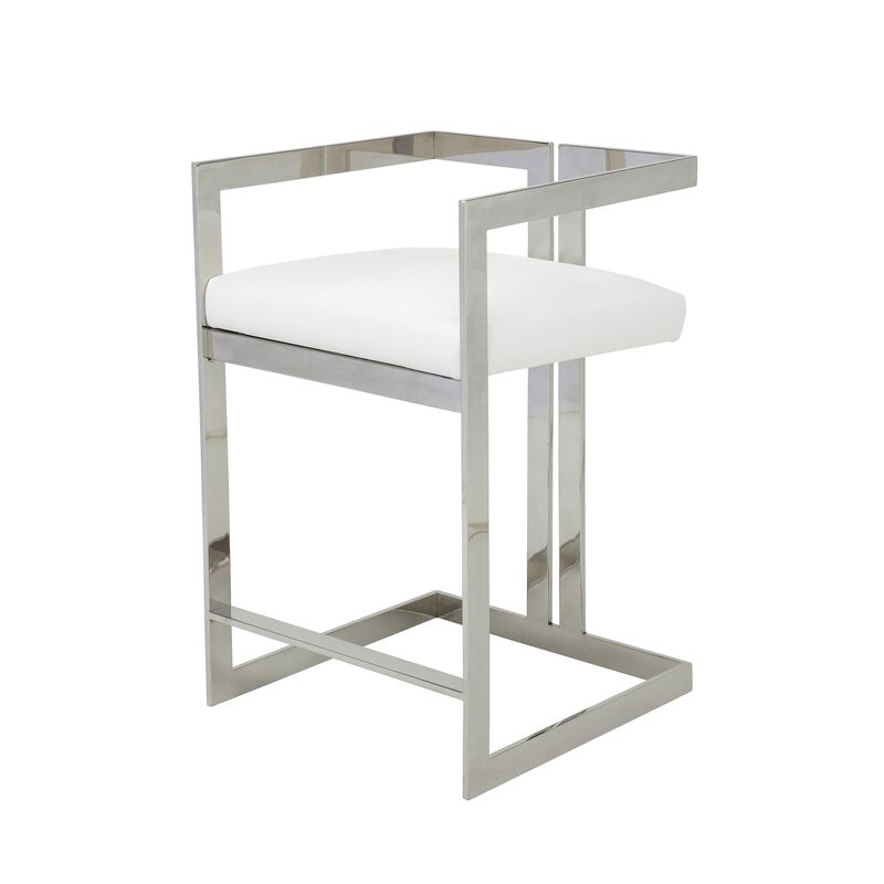 Suki 26 Inch Counter Stool Chair, White Faux Leather, Stainless Steel - Benzara