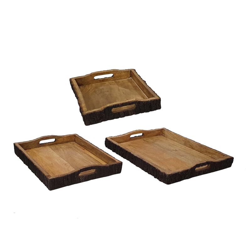 20, 18, 16 Inch Set of 3 Wood Serving Trays, Tree Bark Accent, Natural Brown - Benzara image number 0