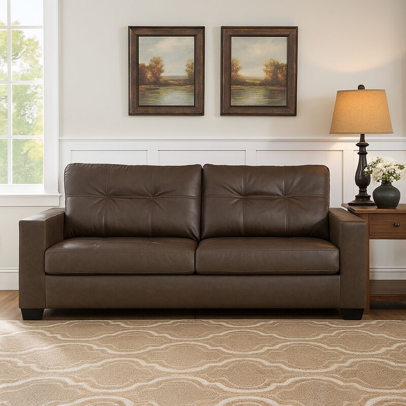 Barl Sofa, Modern Style 85 Inch Soft Tufted Dark Brown Faux Leather