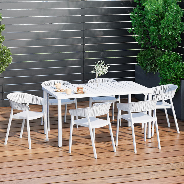 WestinTrends 7-Piece Outdoor Metal Rectangle Patio Dining Table Set With Stackable Patio Dining Chairs