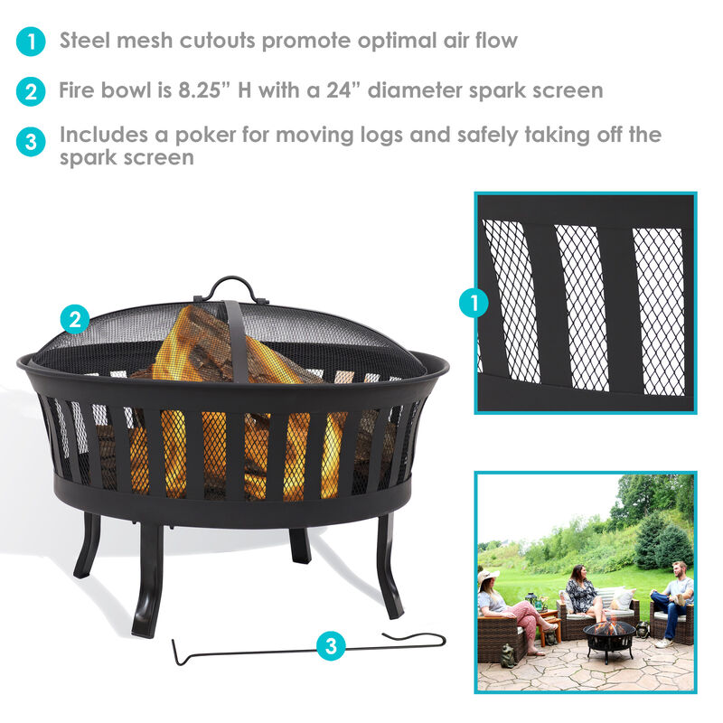Sunnydaze 25 in Mesh Stripe Steel Fire Pit with Spark Screen and Poker