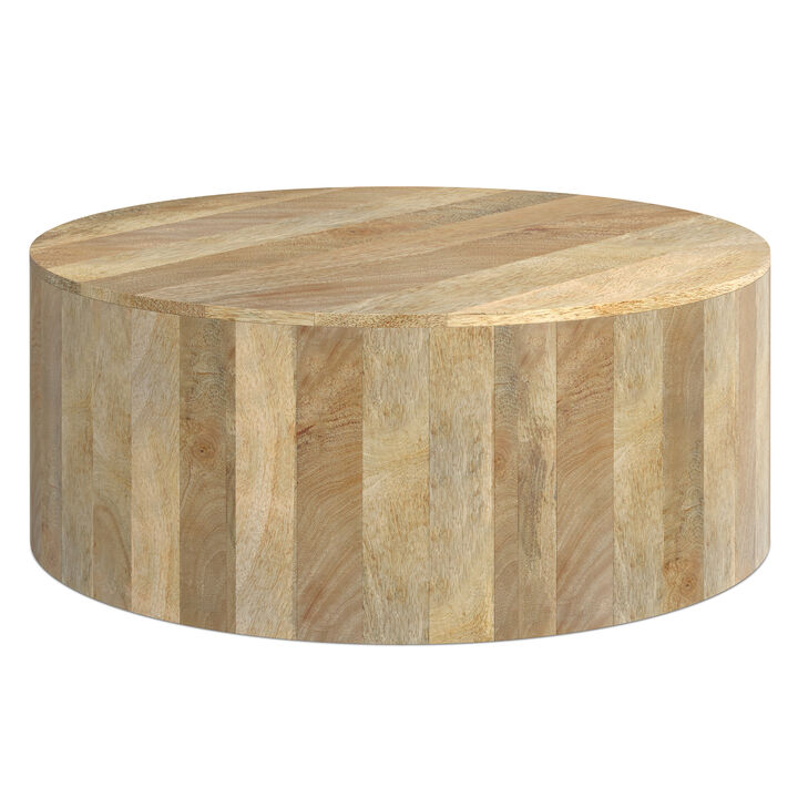 Millbury SOLID MANGO WOOD 36 inch Wide Round Modern Industrial Drum Coffee Table in Natural, Fully Assembled