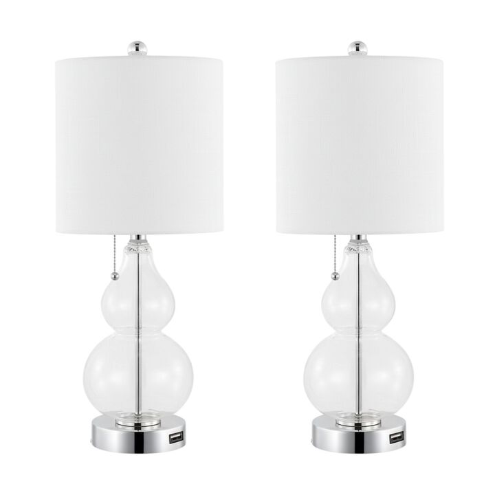 HomeRoots Set of Two 22" Clear And Silver Double Gourd USB Lamps With Drum Shades