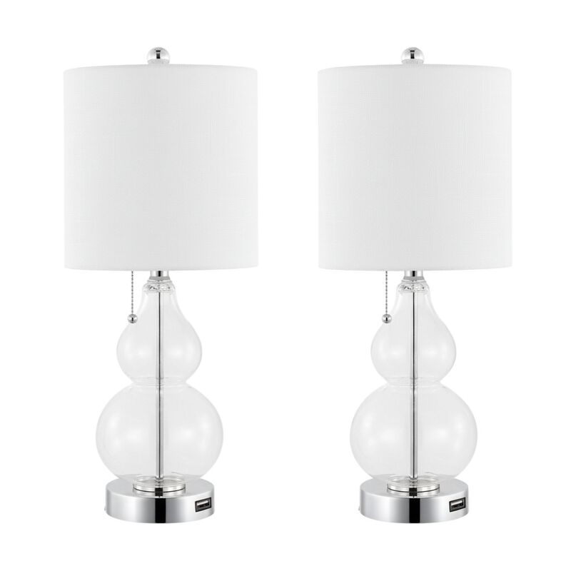 HomeRoots Set of Two 22" Clear And Silver Double Gourd USB Lamps With Drum Shades image number 0