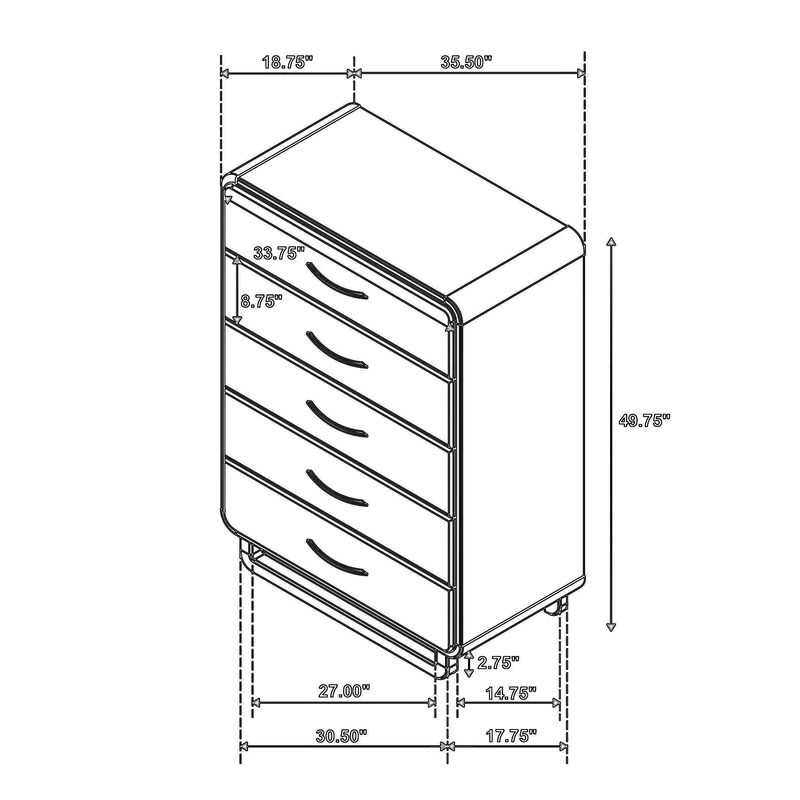 Deon Tall Dresser Chest, 5 Drawers w Nickel Handles, Nutmeg Brown - Benzara