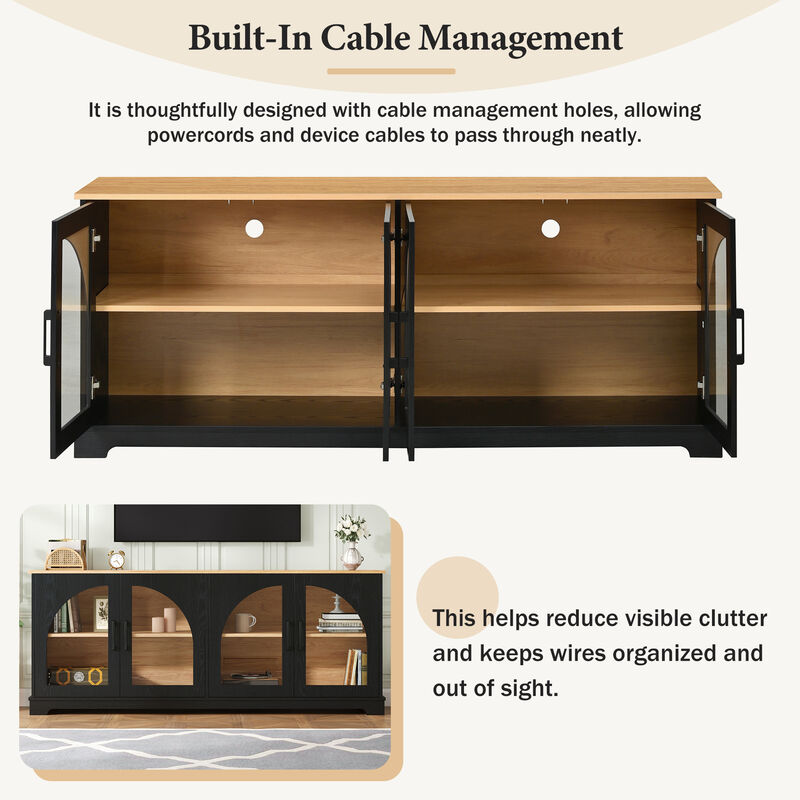 TATEUS Elegant Farmhouse Media Sideboard with Semi-Arched Glass Doors, 70" TV Stand Cable Management image number 4