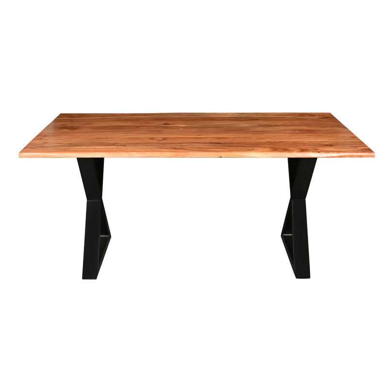 67 Inch Rectangular Dining Table with Crossed Black Metal Legs and Natural Brown Faux Live Edge Acacia Wood Top-Benzara