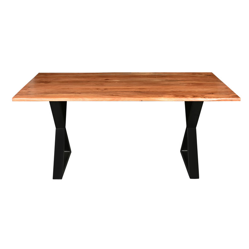 67 Inch Rectangular Dining Table with Crossed Black Metal Legs and Natural Brown Faux Live Edge Acacia Wood Top