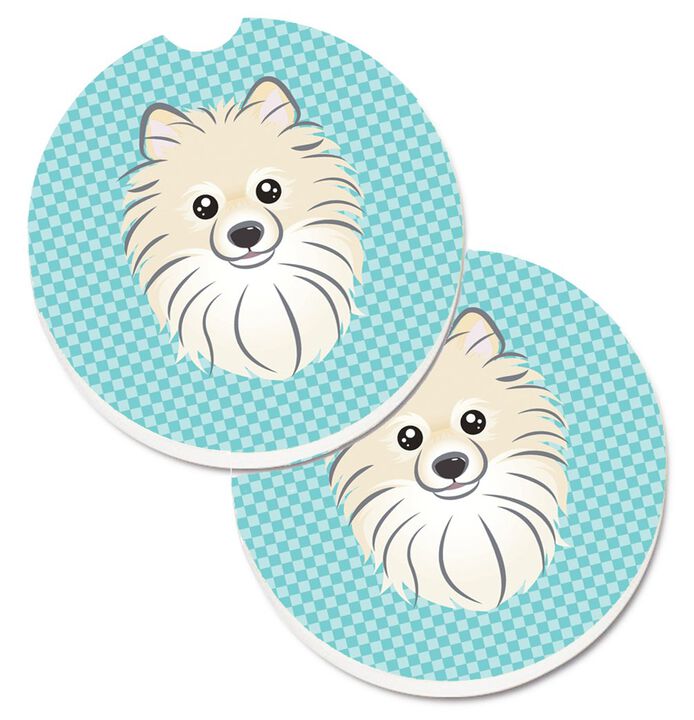 Caroline's Treasures Checkerboard Blue Pomeranian Set of 2 Cup Holder Car Coasters BB1145CARC, 2.56, Multicolor