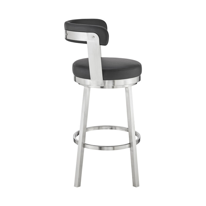 Kobe Bar Height Swivel Bar Stool in Brushed Stainless Steel Finish and Black Faux Leather image number 2