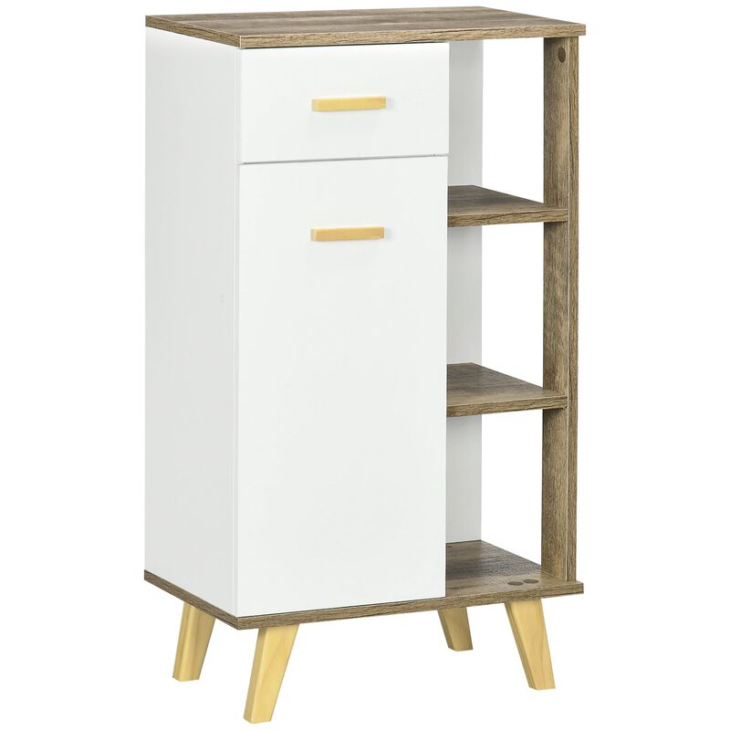 White/Natural Bathroom Storage: Floor Cabinet with Drawer & Shelves