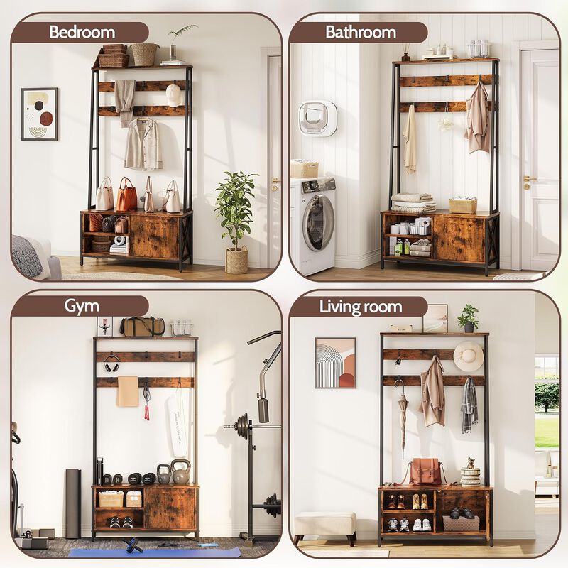 Coat Rack, Hall Tree with Bench and Shoe Storage, 31.5&rdquo; Steel Frame Entryway Bench Large 6 Hooks, 31.5" x 15.8" x 71" image number 6