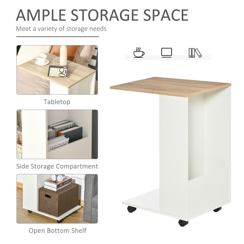 C-Shaped Sofa End Table Coffee Table w/ Storage Shelves, 4 Wheels, White