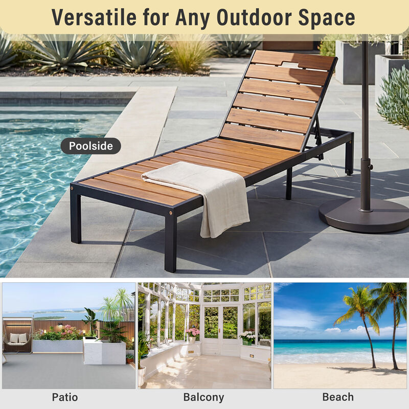 Merax Outdoor Chaise Lounge | 6-Position Adjustable Backrest, Steel Frame with Acacia Wood Slat Seat image number 5