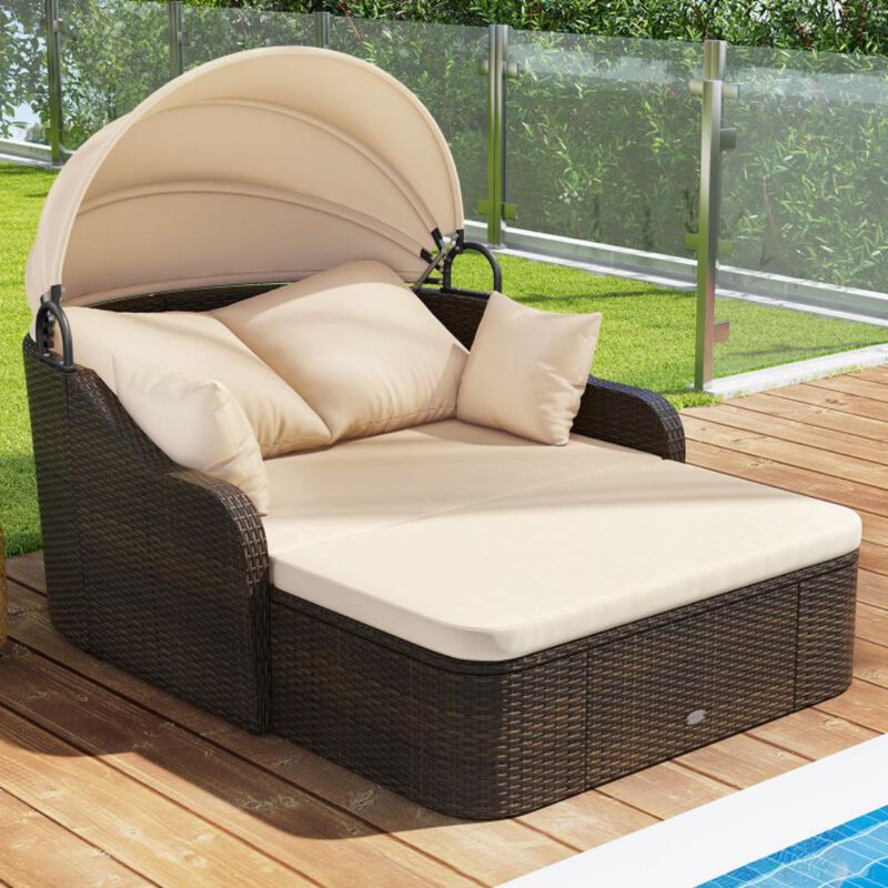 Hivvago Patio PE Rattan Daybed with Retractable Canopy and Soft Cushions
