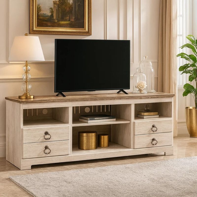 2 Drawers Wooden TV Stand with 4 Open Compartments, White and Brown image number 2