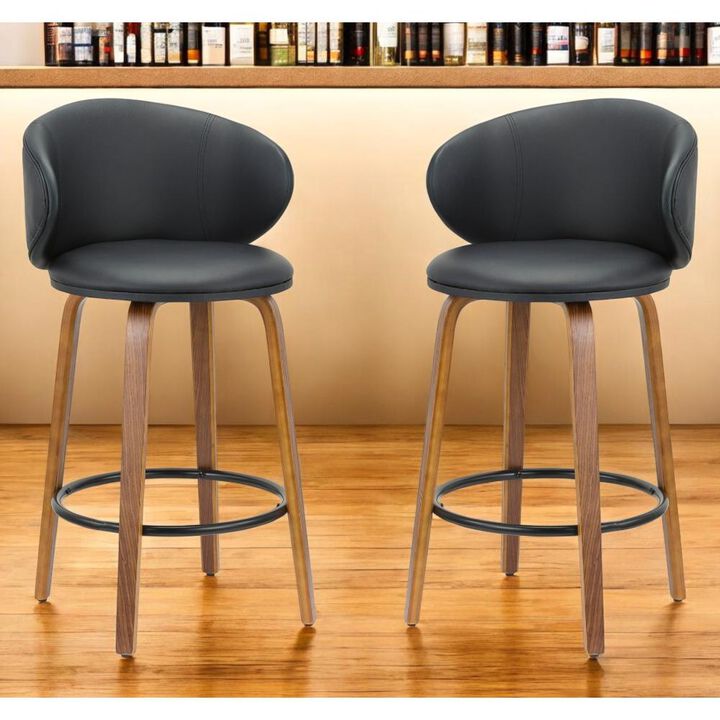 Hivvago Set of Two 26 Inch Black and Brown Faux Leather and Solid Wood Low Back Counter Height Bar Chairs