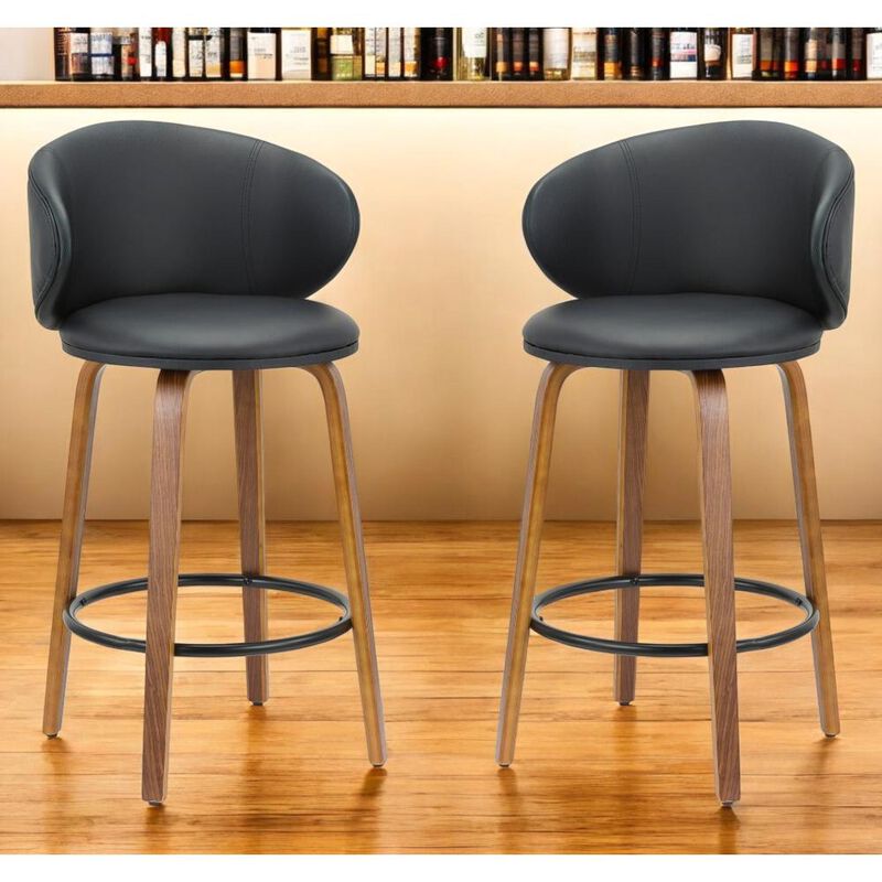 Hivvago Set of Two 26 Inch Black and Brown Faux Leather and Solid Wood Low Back Counter Height Bar Chairs