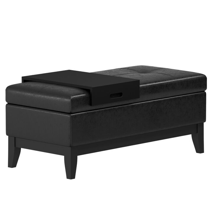 HomeRoots 42" Black and Dark Brown Tufted Faux Leather and Solid Wood Upholstered Storage Bench With Tray
