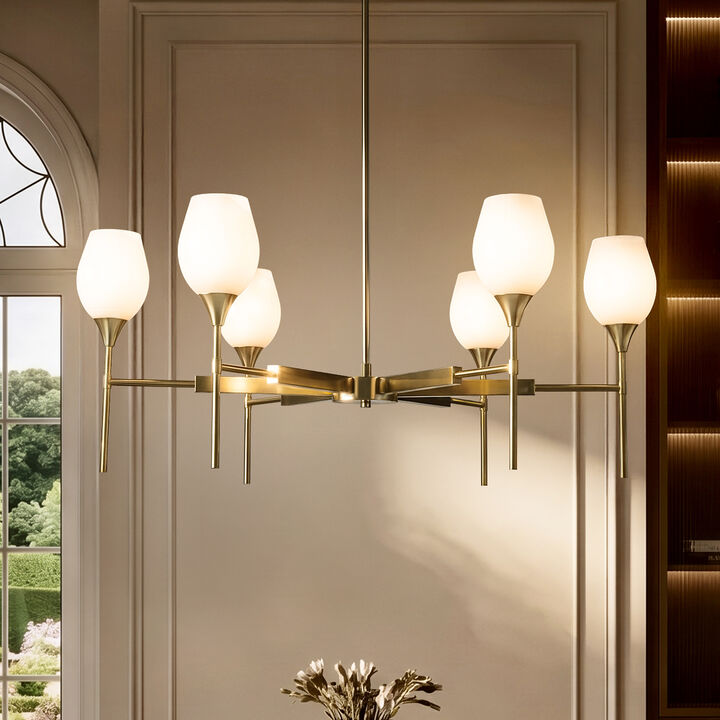 6-Light Classic Warm Brass Chandelier with Opal Glass Shades For Dining Room