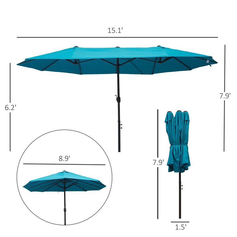 Blue Sun Shield: 15ft Rectangular Double-Canopy Patio Umbrella with Base