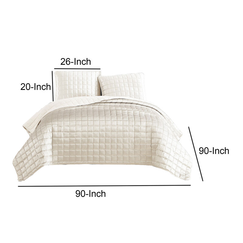 3 Piece Queen Size Coverlet Set with Stitched Square Pattern, Cream - Benzara