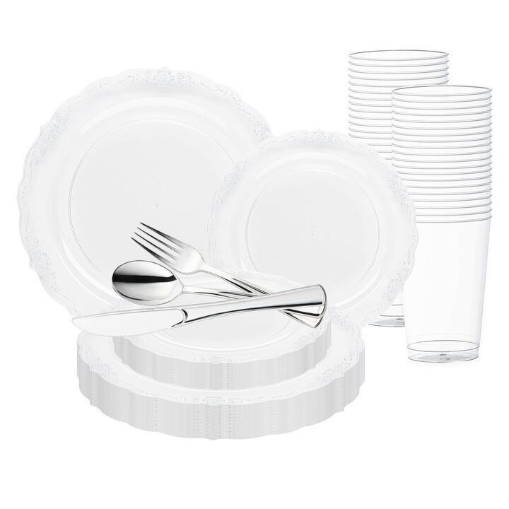 Clear with Silver Vintage Rim Round Plastic Wedding Value Set (30 Sets)